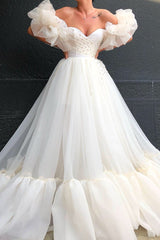 Trendy Bubble Sleeves Tulle Ball Dresses With Crystals Off-the-Shoulder-ballbellauk