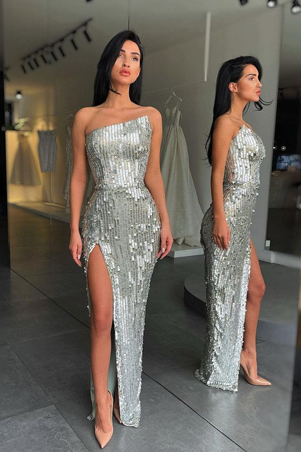 Trendy Silver Asymmetric neckline High split Prom Dress Sequin – ballbellauk