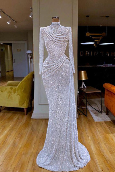 green emerald velvet dress Trendy Sparkle White Long sleeves Pleated Long Prom Dress Sequin –  ballbellauk