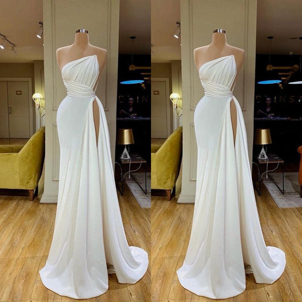 Trendy Strapless Creamy White Pleated Long Prom Dress High-split-ballbellauk