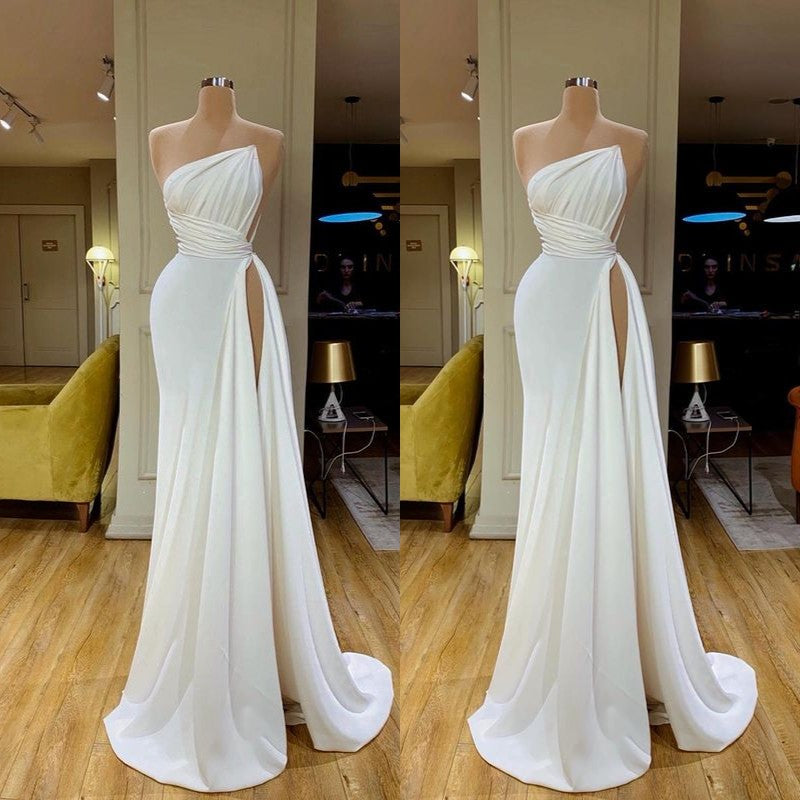 Trendy Strapless Creamy White Pleated Long Prom Dress High-split-ballbellauk