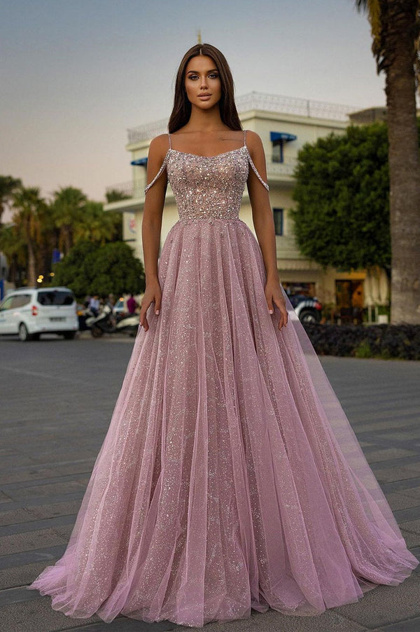Tulle A-Line Long Spaghetti-Straps Prom Dress UK With Sequins Beads-ballbellauk
