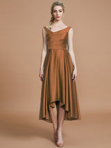 V-Neck Elegant Satin Asymmetrical Sleeveless Bridesmaid Dresses-Ballbella