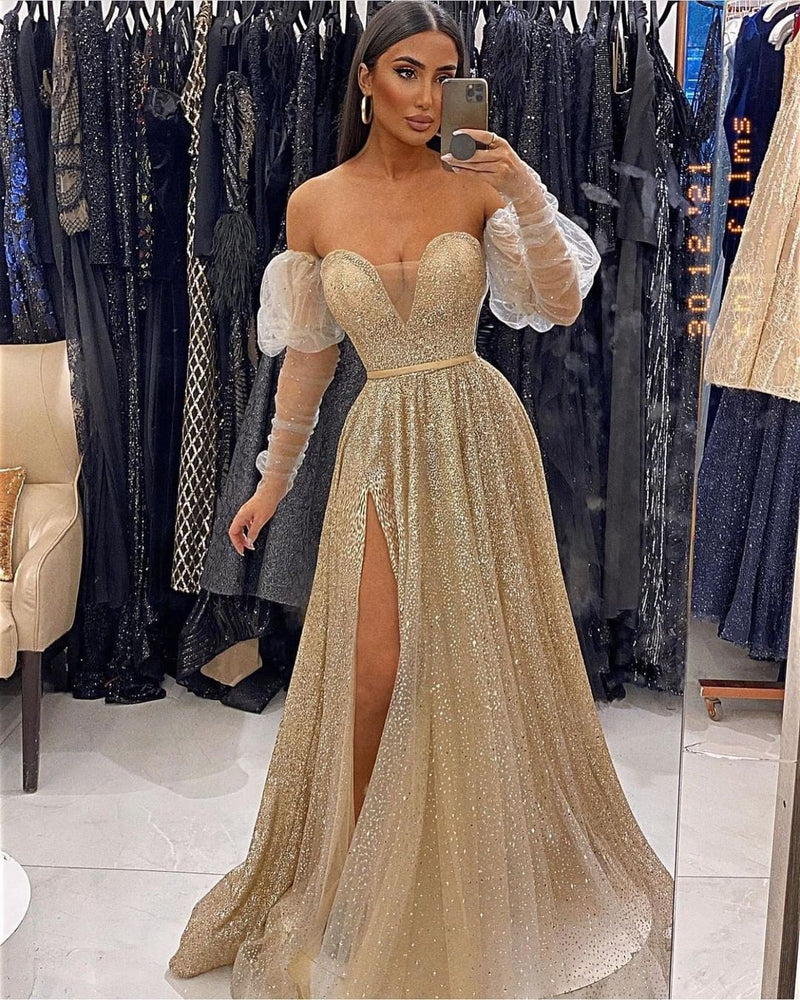 V-Neck Sequins Evening Gown With Front Split and Long Sleeves-ballbellauk