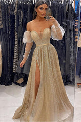 V-Neck Sequins Evening Gown With Front Split and Long Sleeves-ballbellauk