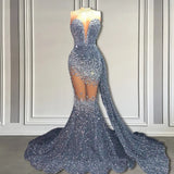 V-Neck Sequins Prom Dress Mermaid Sleeveless Crystal.-Ballbella