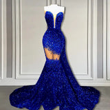 V-Neck Sequins Prom Dress Mermaid Sleeveless Crystal.-Ballbella