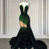 V-Neck Sequins Prom Dress Mermaid Sleeveless Crystal.-Ballbella