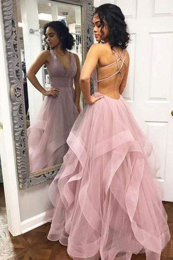 V-Neck Sleeveless Prom Dress UK with Tulle Ruffles-ballbellauk