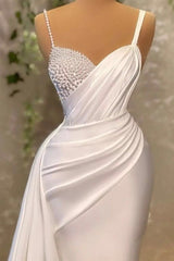 White Spaghetti Strap Mermaid Evening Dress with Pearls-ballbellauk