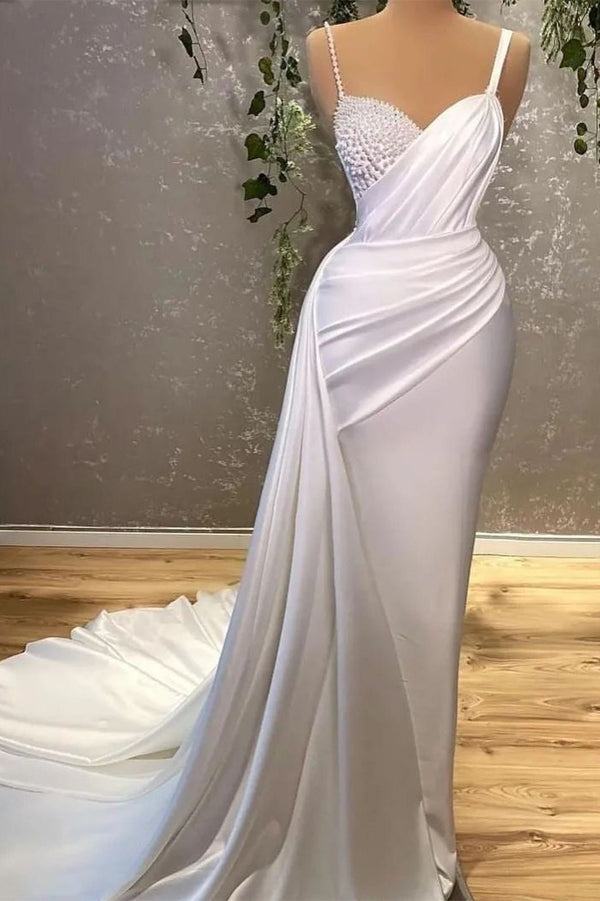 White Spaghetti Strap Mermaid Evening Dress with Pearls-ballbellauk