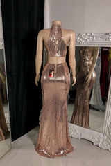 Elegant Halter Sleeveless Mermaid Prom Dresses Column Side Split With Zipper