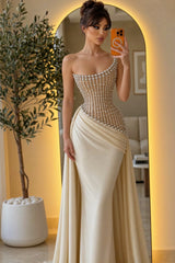 Charming Strapless Sleeveless Mermaid Satin Prom Dresses Column With Pleats Pearls