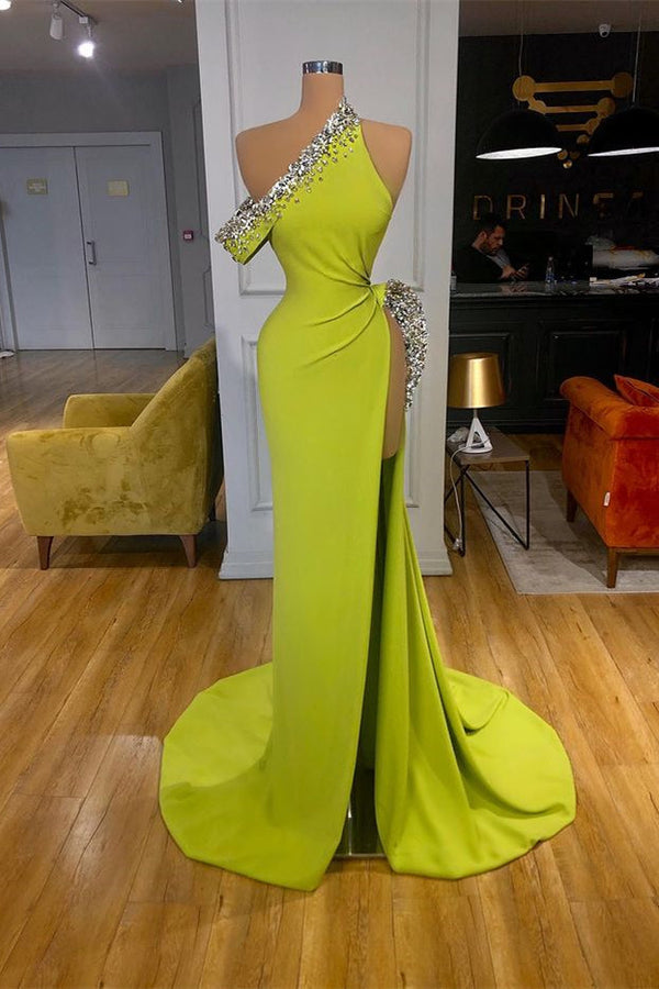 Yellow Green Mermaid Prom Dress Slit Long With Crystals One Shoulder-ballbellauk
