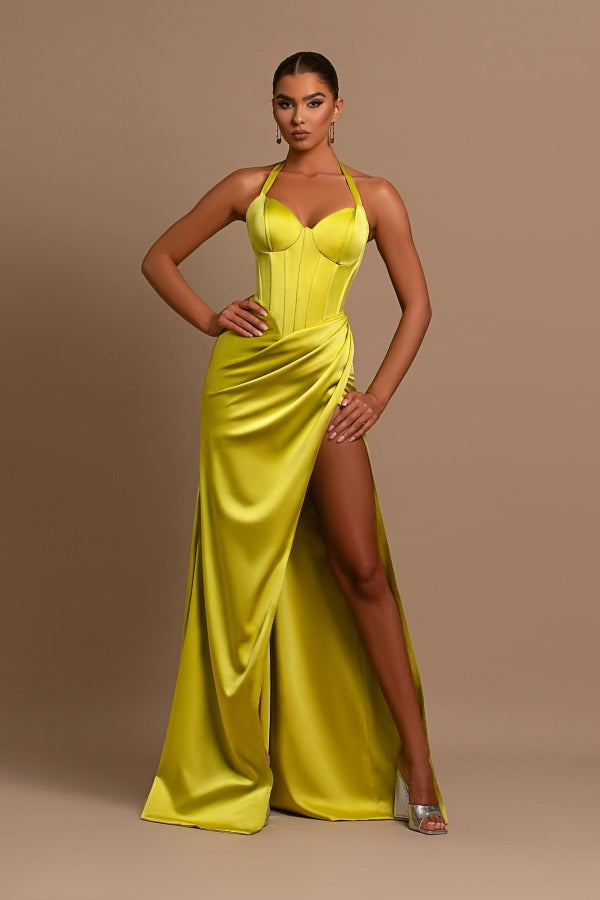 Yellow Halter Neck Mermaid Prom Dress UK With Split-ballbellauk