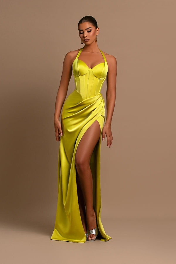Yellow Halter Neck Mermaid Prom Dress UK With Split-ballbellauk