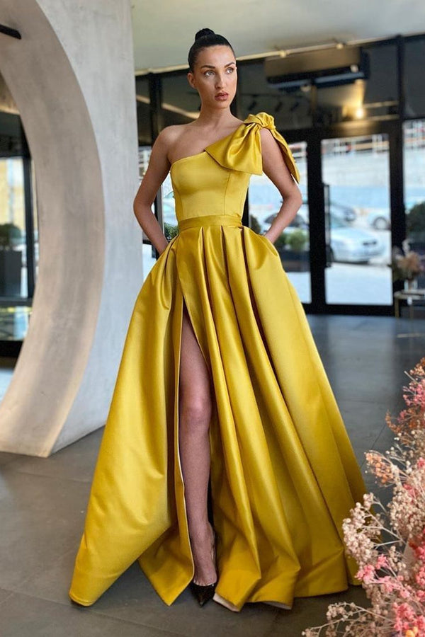 Yellow Split One-Shoulder Prom Dress UK with Pockets-ballbellauk