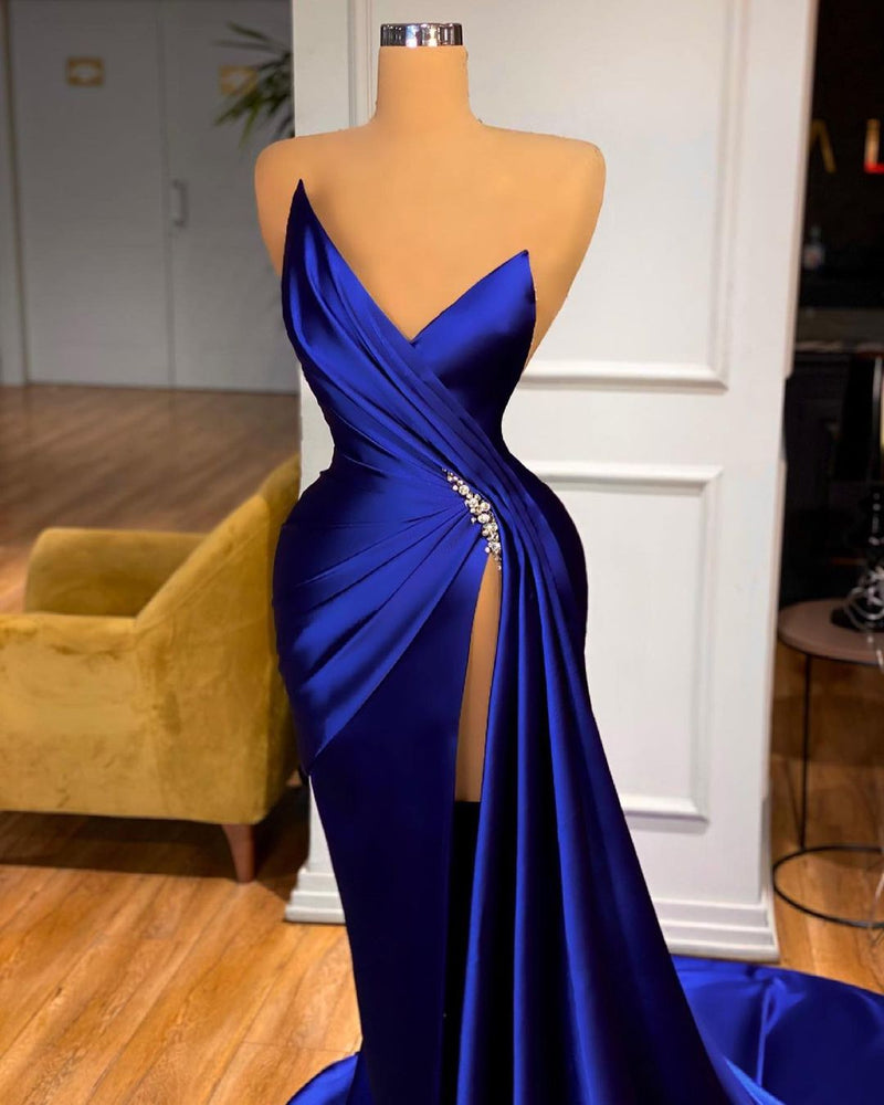 Elegant Royal Blue A-Line Women Formal Dresses Evening Gown Vestidos De  Fiesta Off the Shoulder Sexy Slit Satin Prom Dress Long - AliExpress